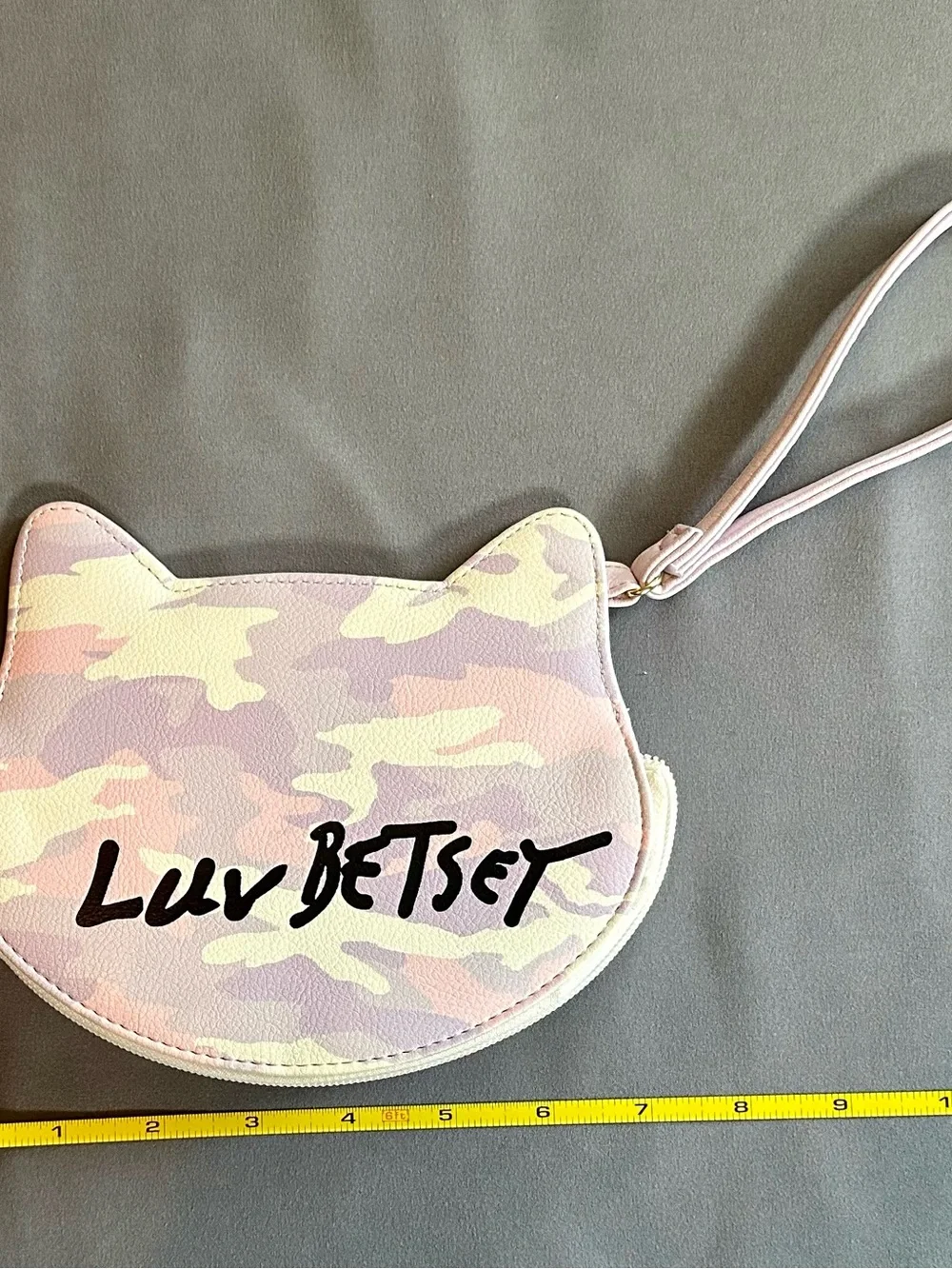 Betsey Johnson Pink Camo Cat Wristlet with Gold Accents